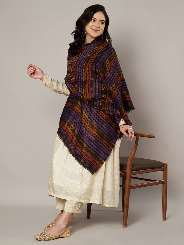 Woolen Zig-Zag Moonlight Zari Women Stole | Traditional Winter Wrap (80 x 28 Inches)