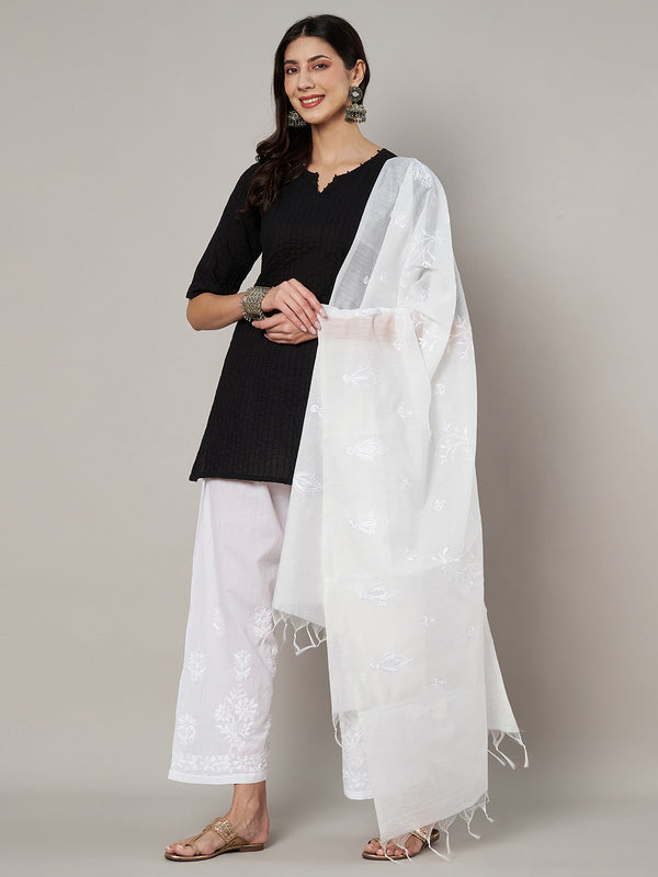 White Chanderi Cotton Dupatta with Subtle Floral Embroidery (Size: 2.5x1 m Approx)