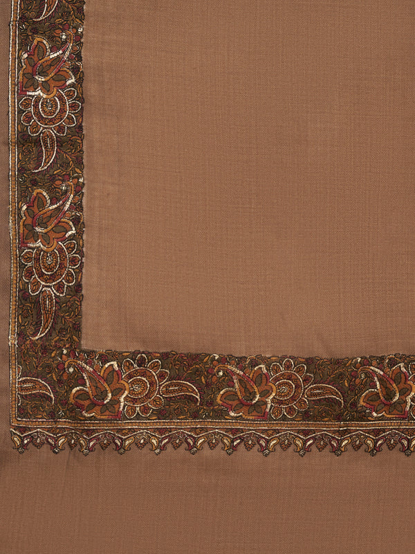 Woolen Women Shawl in Brown with Embroidered Traditional Border (80 x 40 Inches)