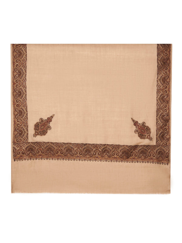 Elegant Light Brown Woolen Women Shawl with Embroidered Border – Ethnic Wrap (80 x 40 Inches)