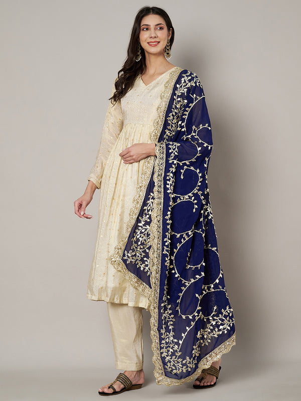 Blue Georgette Dupatta with Hand Gota Patti Work (Size: 2.5x1 m Approx)