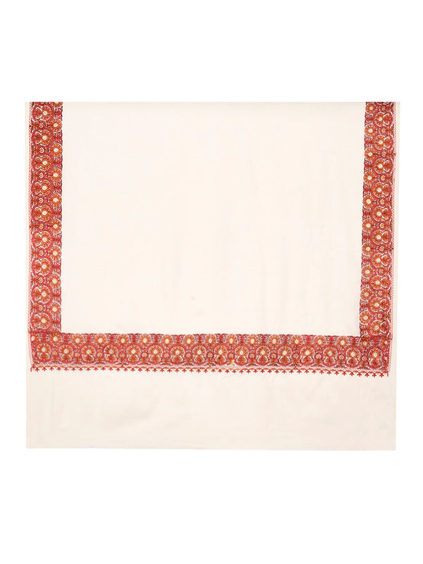 White Woolen Women Shawl with Traditional Embroidered Border (80 x 40 Inches)