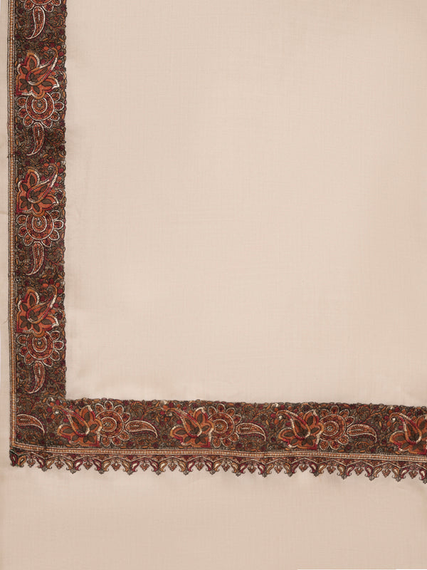 Woolen Women Shawl in Beige with Embroidered Traditional Border (80 x 40 Inches)