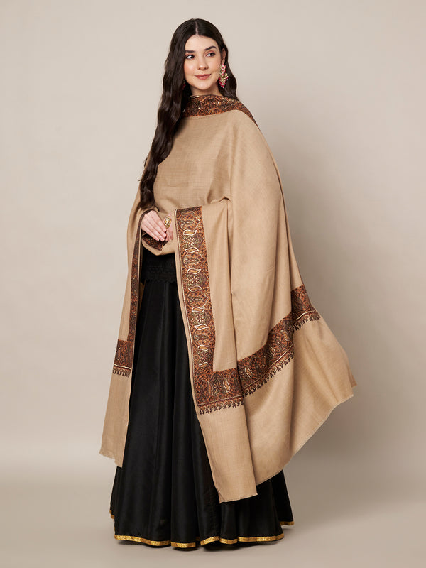 Woolen Women Shawl in Warm Beige with Intricate Traditional Embroidered Border (80 x 40 Inches)