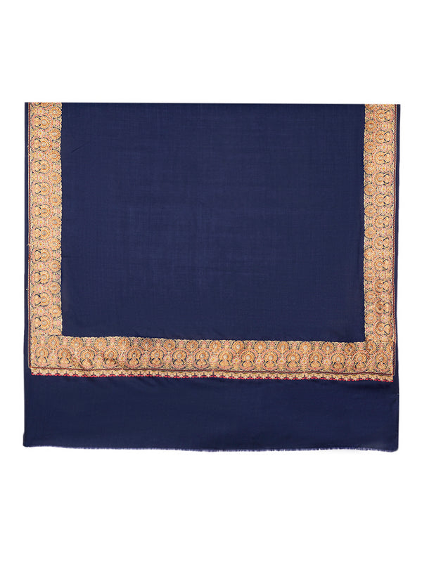 Solid Blue Woolen Women Shawl with Rich Embroidered Border – 80 x 40 Inches