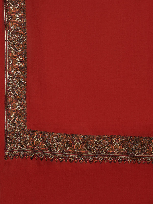 Red Woolen Women Shawl with Traditional Multicolour Embroidered Border (80 x 40 Inches)