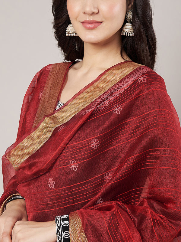 Maroon Chanderi Silk Dupatta with Gold Border & Tassels (Size: 2.5x1 m Approx)