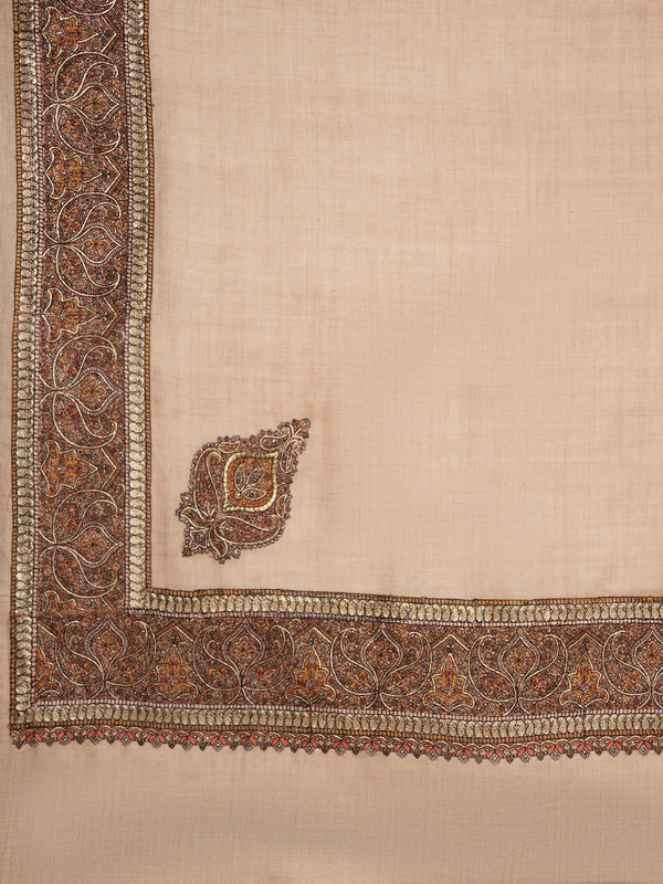 Light Brown Woolen Women Shawl with Intricate Embroidered Detailing – Winter Wrap (80 x 40 Inches)