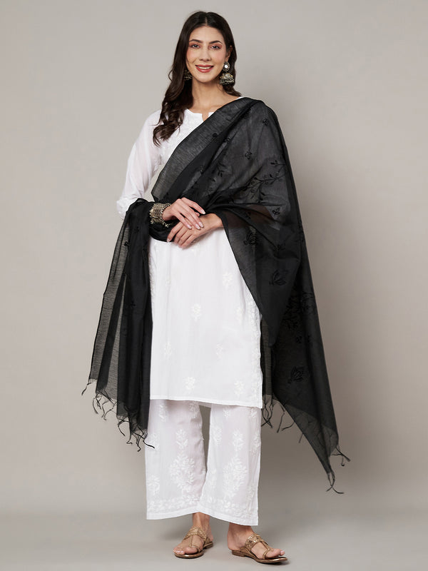 Black Chanderi Cotton Dupatta with Subtle Floral Embroidery (Size: 2.5x1 m Approx)