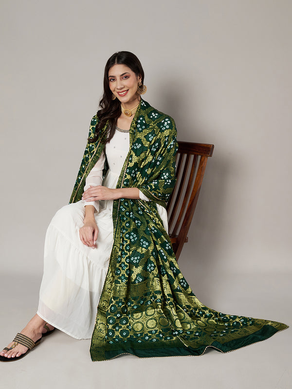 Green Silk Gharchola Bandhej Dupatta with Gold Zari Border (Size: 2.5x1 m Approx)