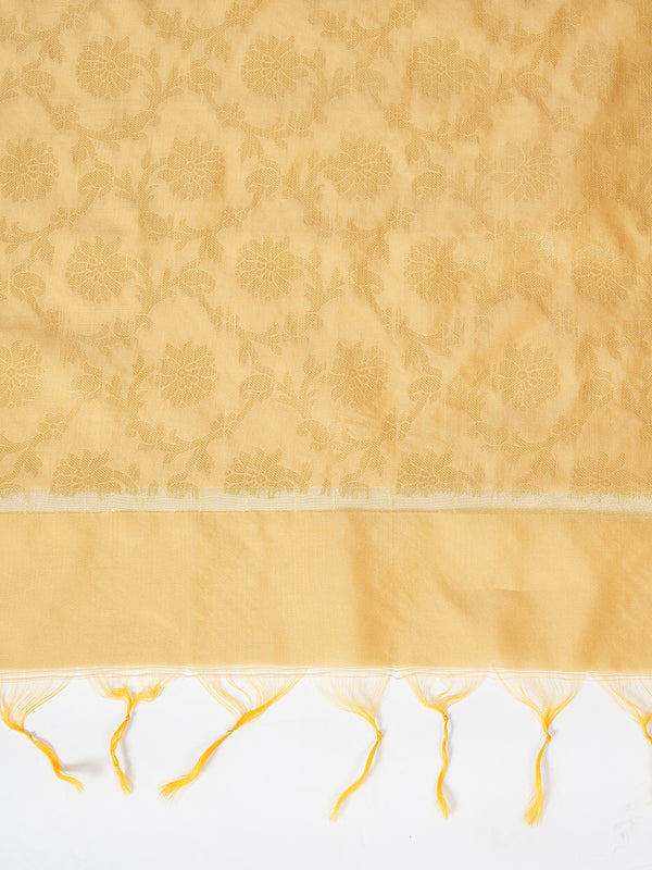 Cream Banarasi Silk Dupatta with All-Over Woven Floral Motifs & Rich Zari Border (Size: 2.5x1 m Approx)