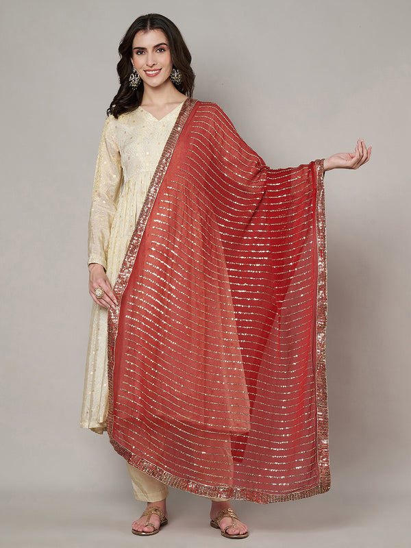 Maroon Chinon Dupatta with Gold Stripe Sequin Work & Gota Border (Size: 2.5x1 m Approx)