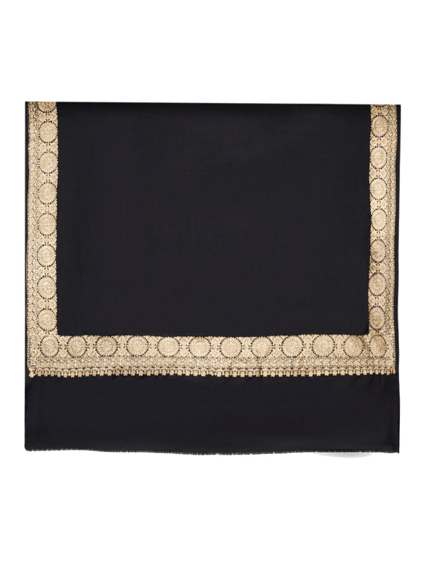 Black Woolen Women Shawl with Gold Border – 80x40 Inches