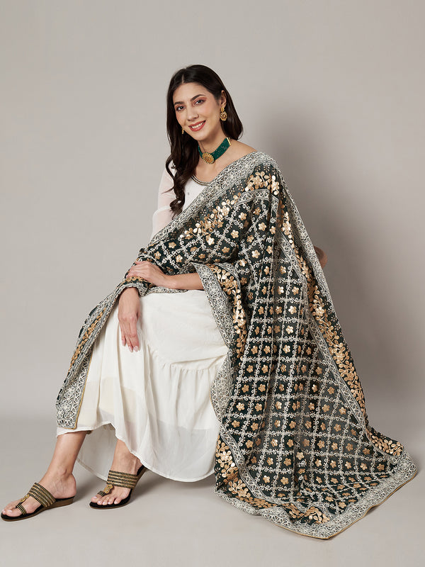 Black Georgette Dupatta with Gold Foil Booti & Lace Border (Size: 2.5x1 m Approx)