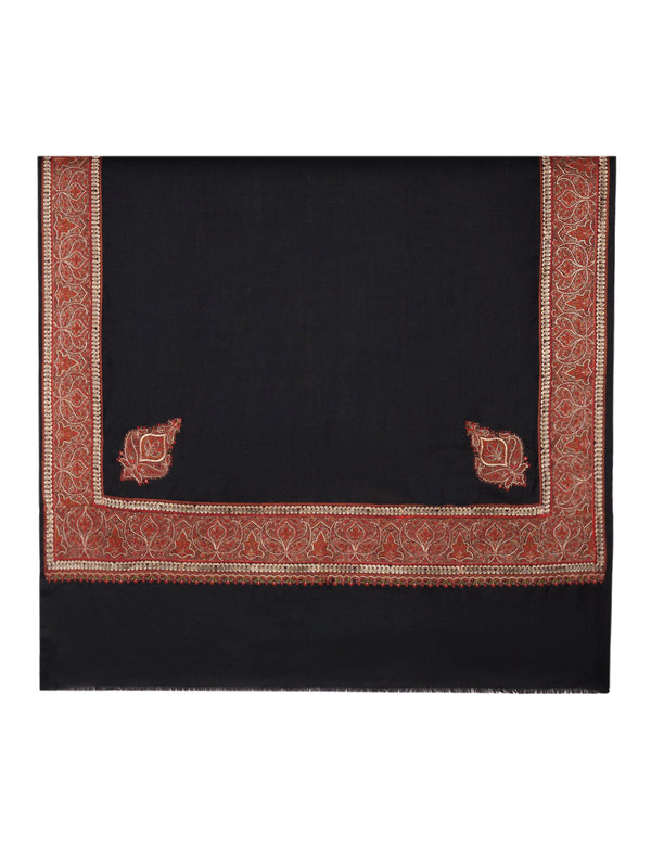 Black Woolen Women Shawl with Intricate Embroidered Detailing – Winter Wrap (80 x 40 Inches)