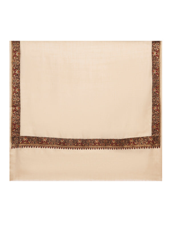 Beige Woolen Mens Shawl with Traditional Multicolour Embroidered Border (80 x 40 Inches)