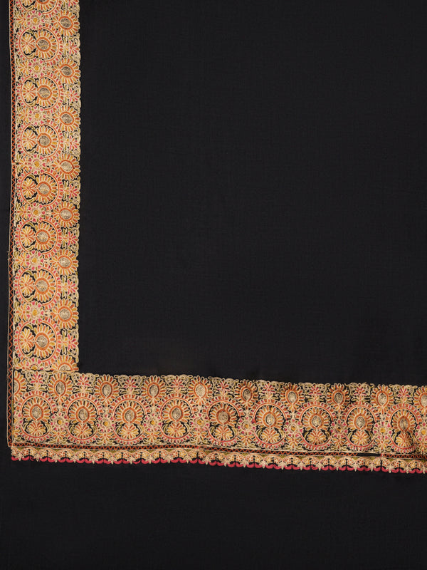 Solid Black Woolen Women Shawl with Rich Embroidered Border – 80 x 40 Inches