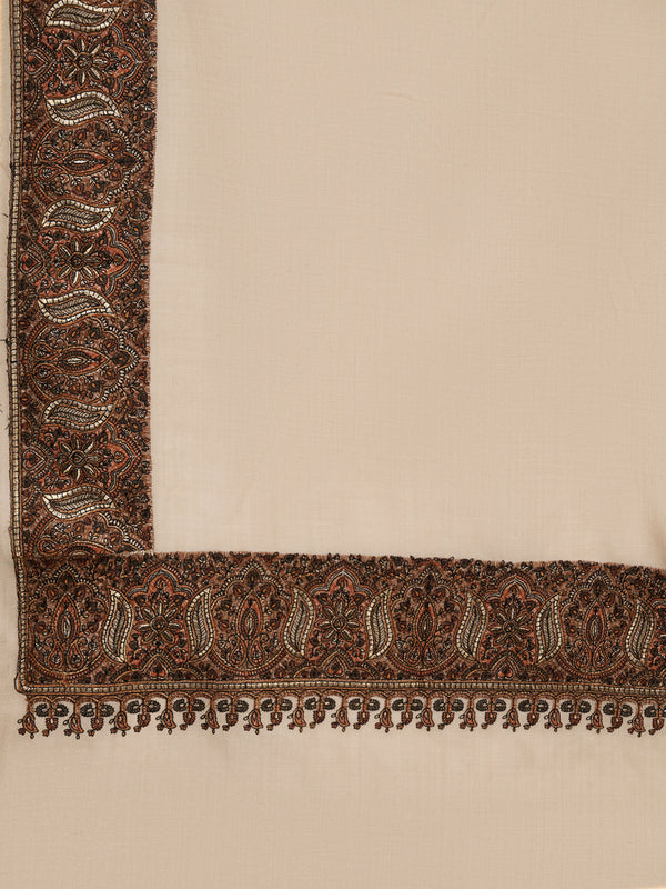 Woolen Women Shawl in Light Brown with Intricate Traditional Embroidered Border (80 x 40 Inches)