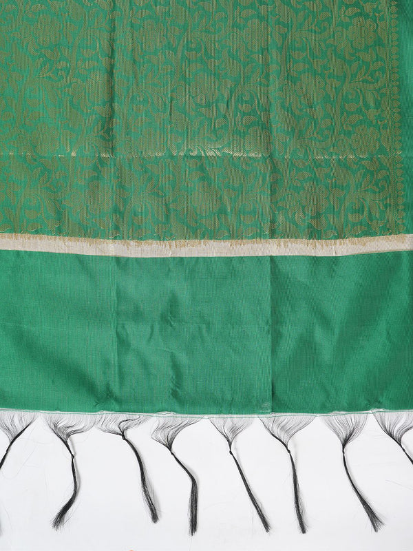 Green Banarasi Silk Dupatta with All-Over Woven Floral Motifs & Rich Zari Border (Size: 2.5x1 m Approx)