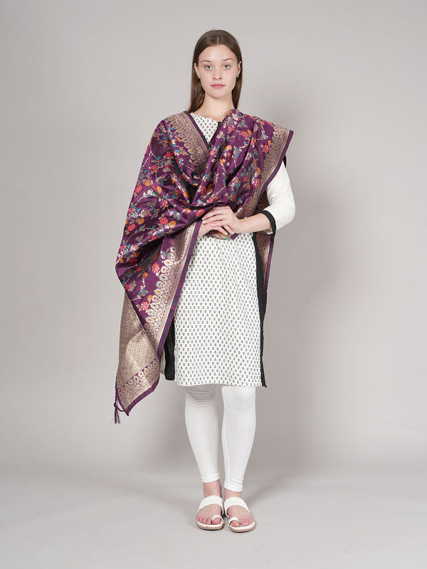 Purple Paithani Silk Dupatta with Multicolour Floral Zari Weave (Size: 2.5x1 m Approx)