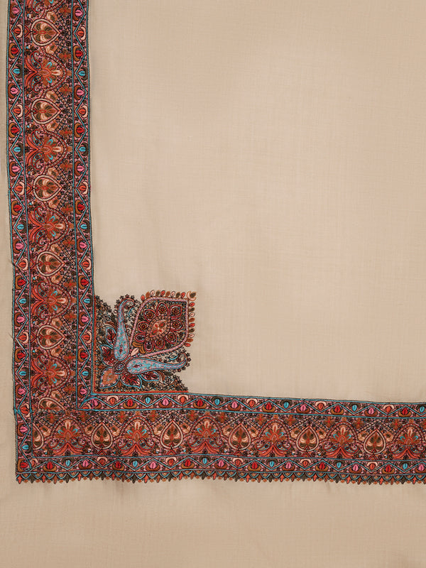 Woolen Women Shawl in Beige with Multicolour Kashmiri-Inspired Embroidered Border (80 x 40 Inches)