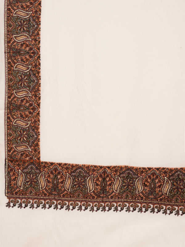 Woolen Women Shawl in Warm White with Intricate Traditional Embroidered Border (80 x 40 Inches)
