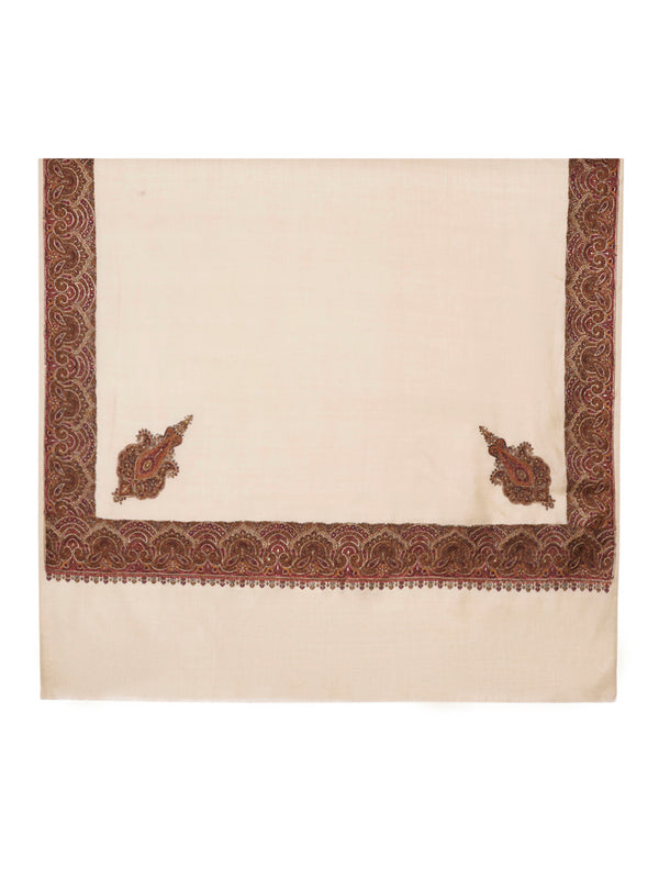 Elegant Beige Woolen Women Shawl with Embroidered Border – Ethnic Wrap (80 x 40 Inches)