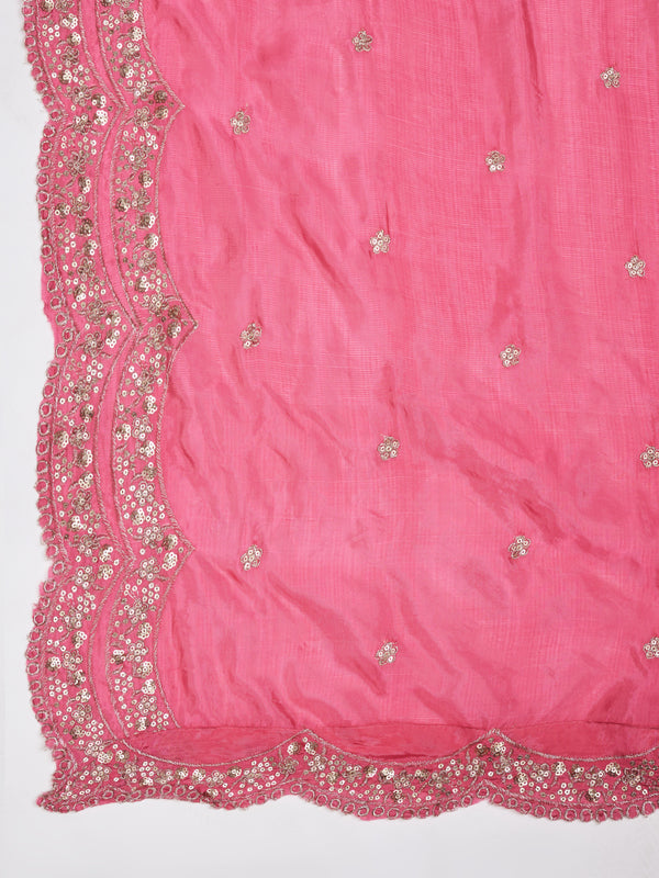 Pink Chinon Dupatta with Scalloped Embroidered Border & Sequin Motifs (Size: 2.5x1 m Approx)