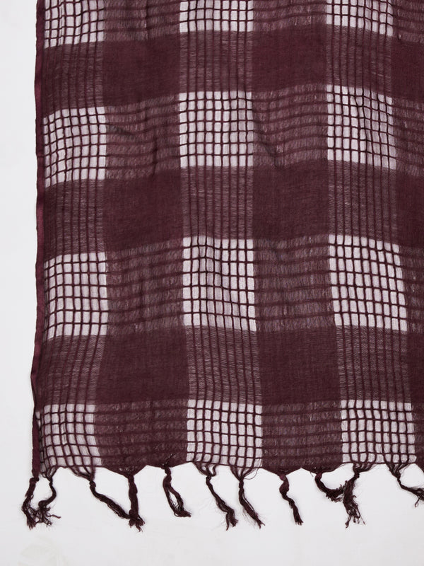 Maroon Cotton Woven Check Dupatta with Tassel Detailing (Size: 2.5x1 m Approx)