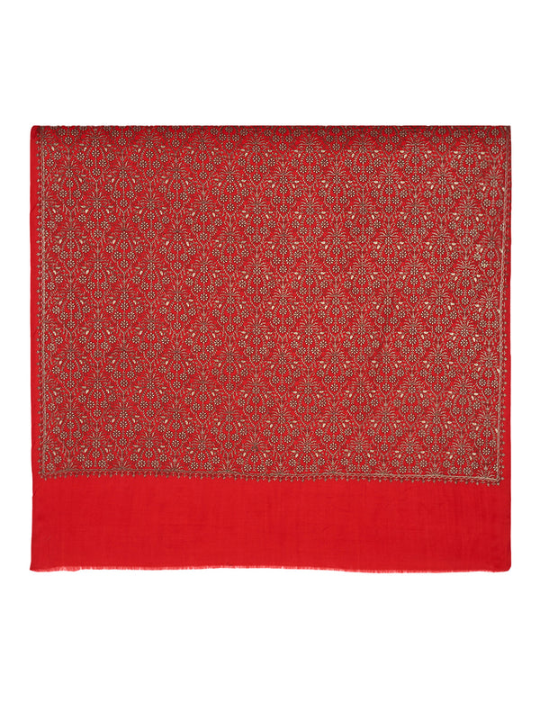 Woolen Women Shawl in Red with All-Over Floral Jaal Weave (80 x 40 Inches)