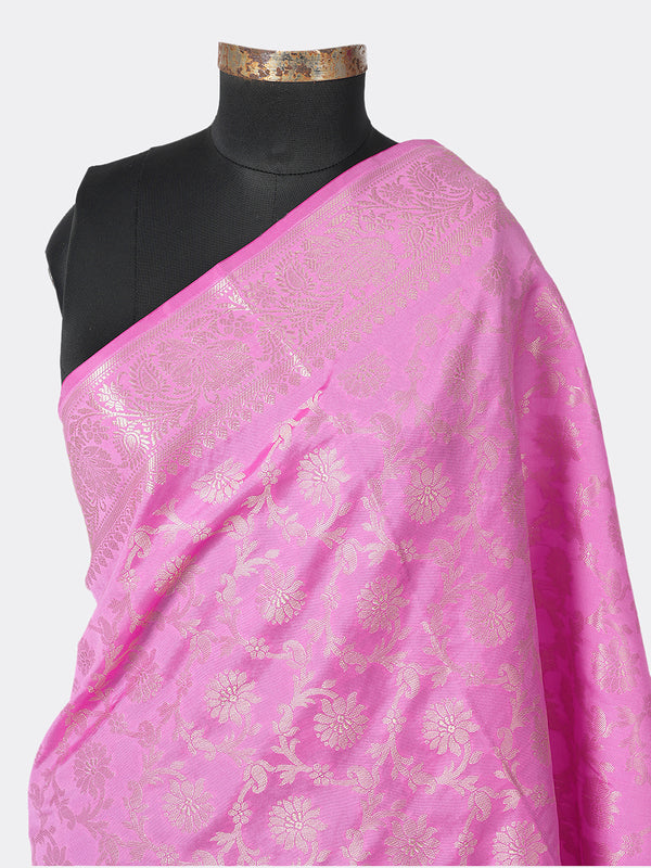 Pink Banarasi Silk Dupatta with All-Over Woven Floral Motifs & Rich Zari Border (Size: 2.5x1 m Approx)