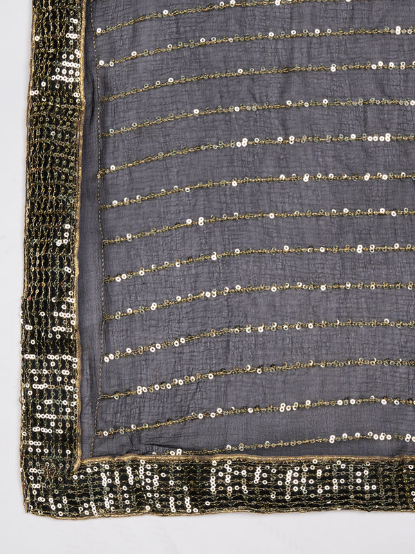 Black Chinon Dupatta with Gold Stripe Sequin Work & Gota Border (Size: 2.5x1 m Approx)