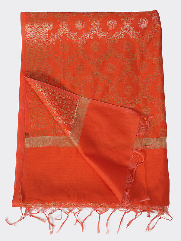 Orange Banarasi Silk Dupatta with Elegant Woven Floral Jaal (Size: 2.5x1 m Approx)