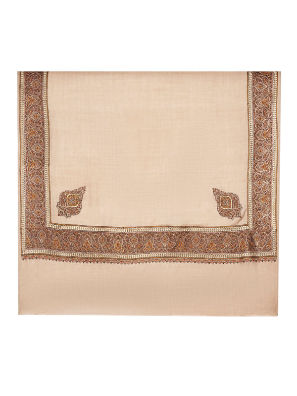 Light Brown Woolen Women Shawl with Intricate Embroidered Detailing – Winter Wrap (80 x 40 Inches)