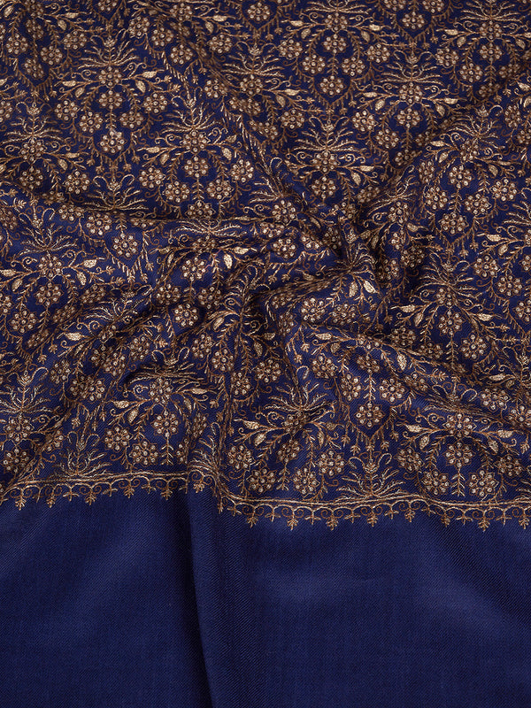 Woolen Women Shawl in Blue with All-Over Floral Jaal Weave (80 x 40 Inches)