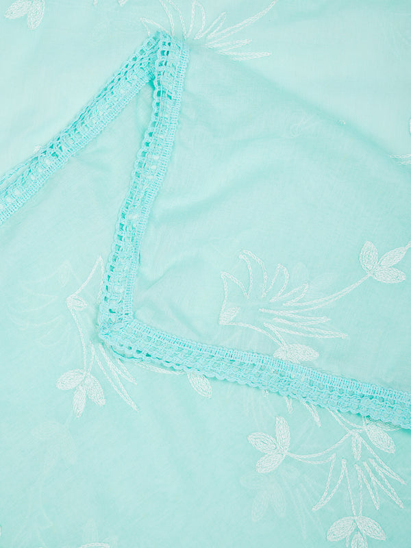 Soft Blue Dupatta with Cotton Thread Floral Embroidery & Lace Border (Size: 2.5x1 m Approx)
