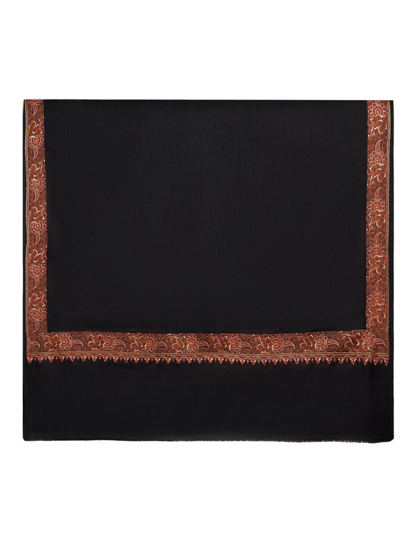 Woolen Women Shawl in Black with Embroidered Traditional Border (80 x 40 Inches)