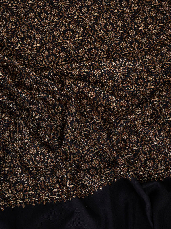 Woolen Women Shawl in Black with All-Over Floral Jaal Weave (80 x 40 Inches)