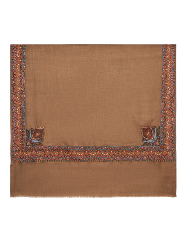 Woolen Women Shawl in Brown with Multicolour Kashmiri-Inspired Embroidered Border (80 x 40 Inches)