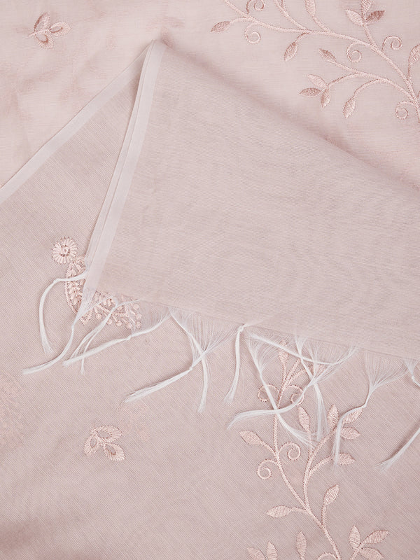 Pink Chanderi Cotton Dupatta with Subtle Floral Embroidery (Size: 2.5x1 m Approx)