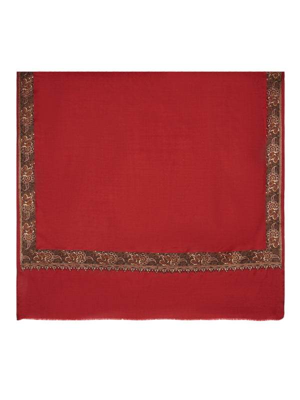 Woolen Women Shawl in Deep Maroon with Embroidered Traditional Border (80 x 40 Inches)