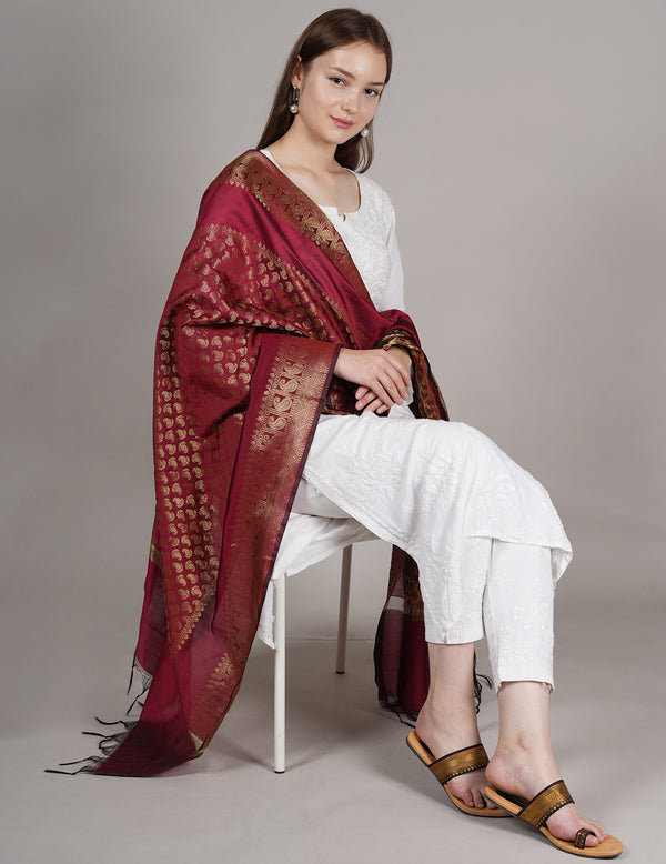 Maroon Banarasi Silk Dupatta with Gold Zari Buti & Ornate Border (Size: 2.5x1 m Approx)