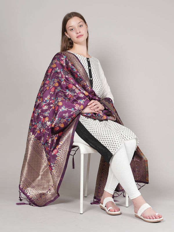 Purple Paithani Silk Dupatta with Multicolour Floral Zari Weave (Size: 2.5x1 m Approx)