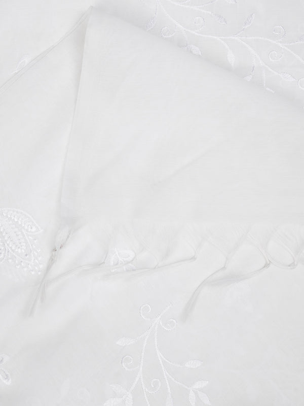 White Chanderi Cotton Dupatta with Subtle Floral Embroidery (Size: 2.5x1 m Approx)