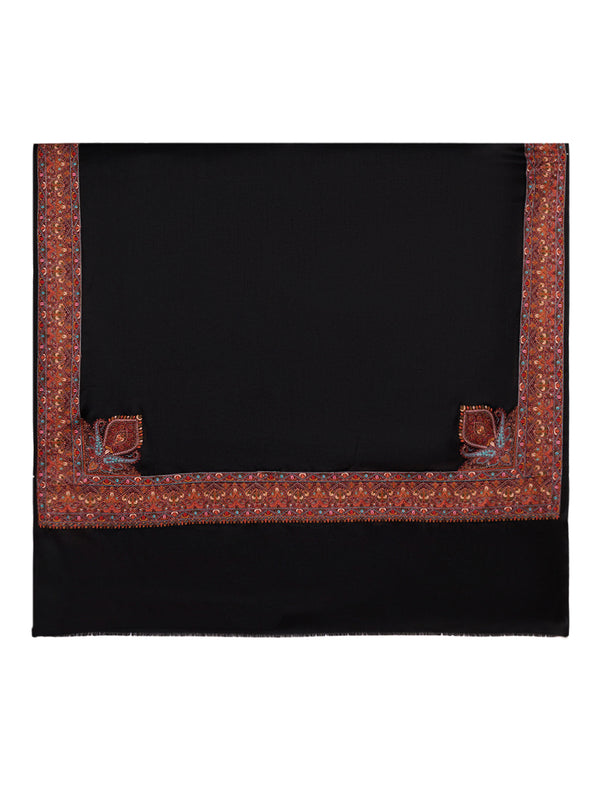 Woolen Women Shawl in Black with Multicolour Kashmiri-Inspired Embroidered Border (80 x 40 Inches)
