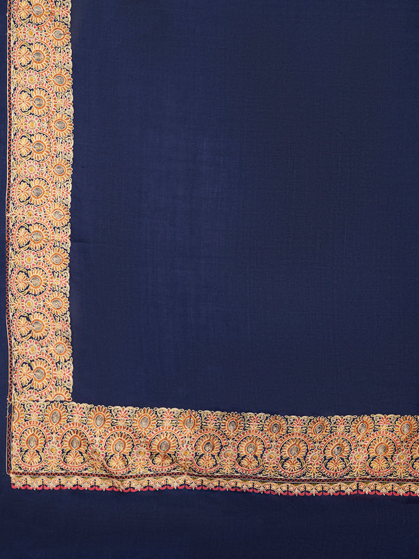 Solid Blue Woolen Women Shawl with Rich Embroidered Border – 80 x 40 Inches