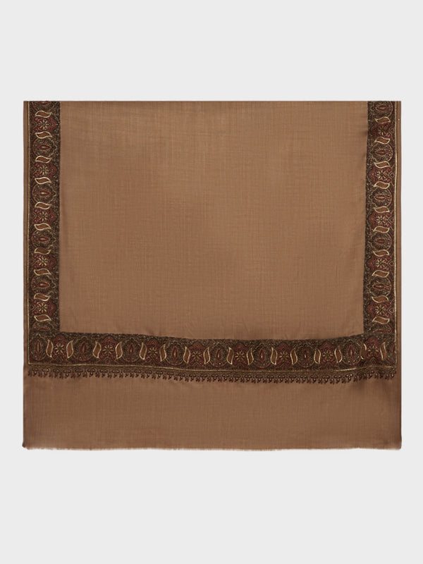 Woolen Women Shawl in Warm Mocha Brown with Intricate Traditional Embroidered Border (80 x 40 Inches)