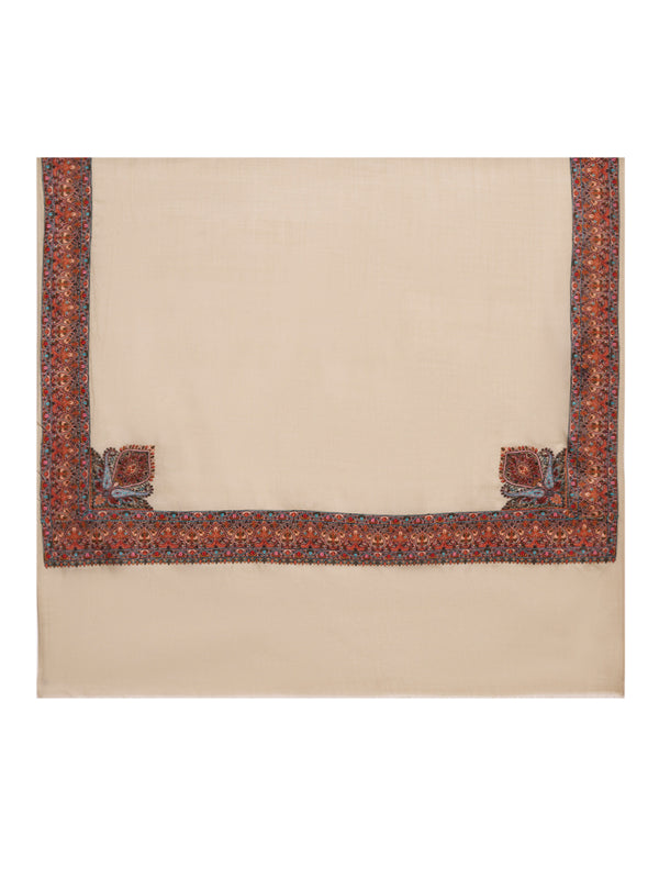 Woolen Women Shawl in Beige with Multicolour Kashmiri-Inspired Embroidered Border (80 x 40 Inches)