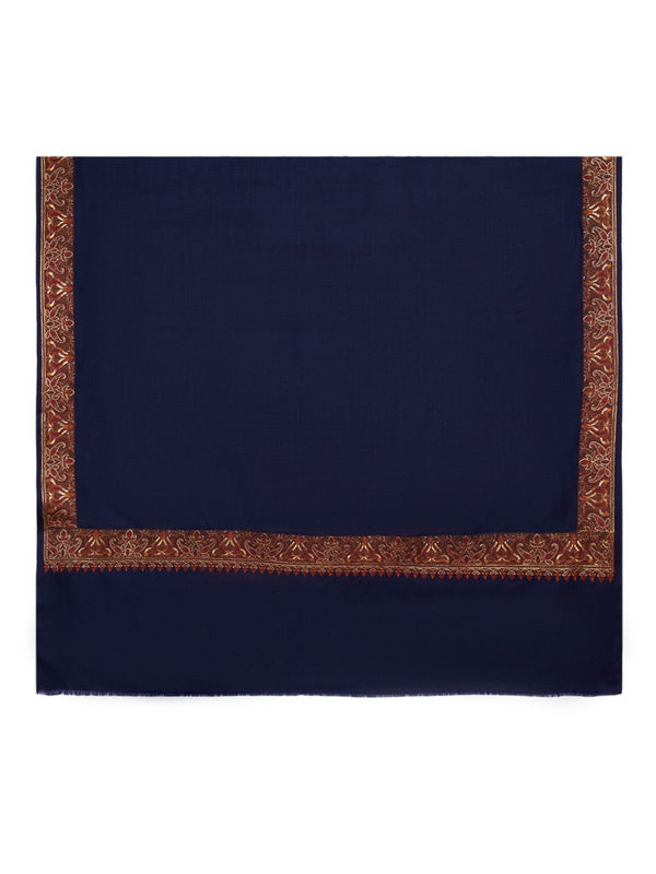 Blue Woolen Women Shawl with Traditional Multicolour Embroidered Border (80 x 40 Inches)