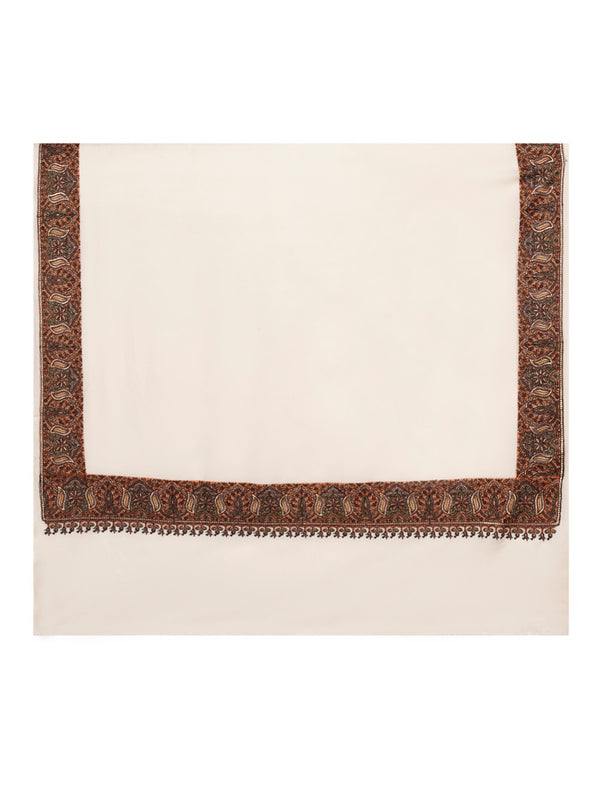 Woolen Women Shawl in Warm White with Intricate Traditional Embroidered Border (80 x 40 Inches)